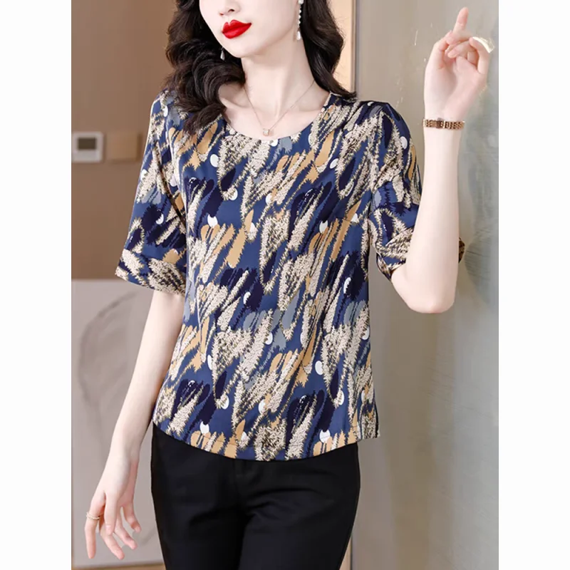 Women Summer Korean Fashion All-match Printing O-neck Short Sleeve T-Shirt Women Clothes Casual Appear Thin Elegant Thin Top Tee