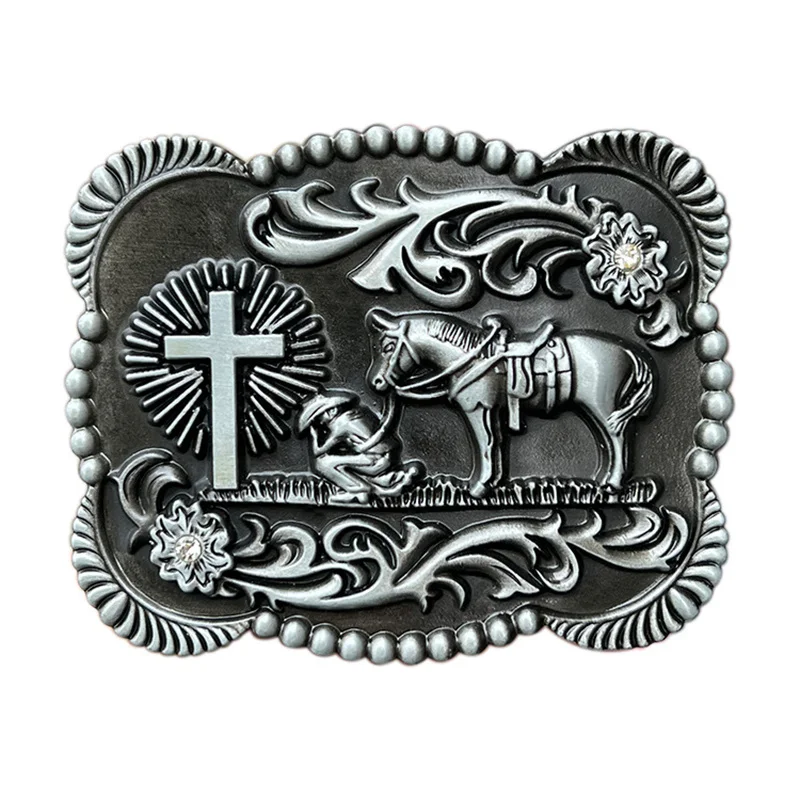 Zinc alloy horse leading prayer cross belt buckle in Western style