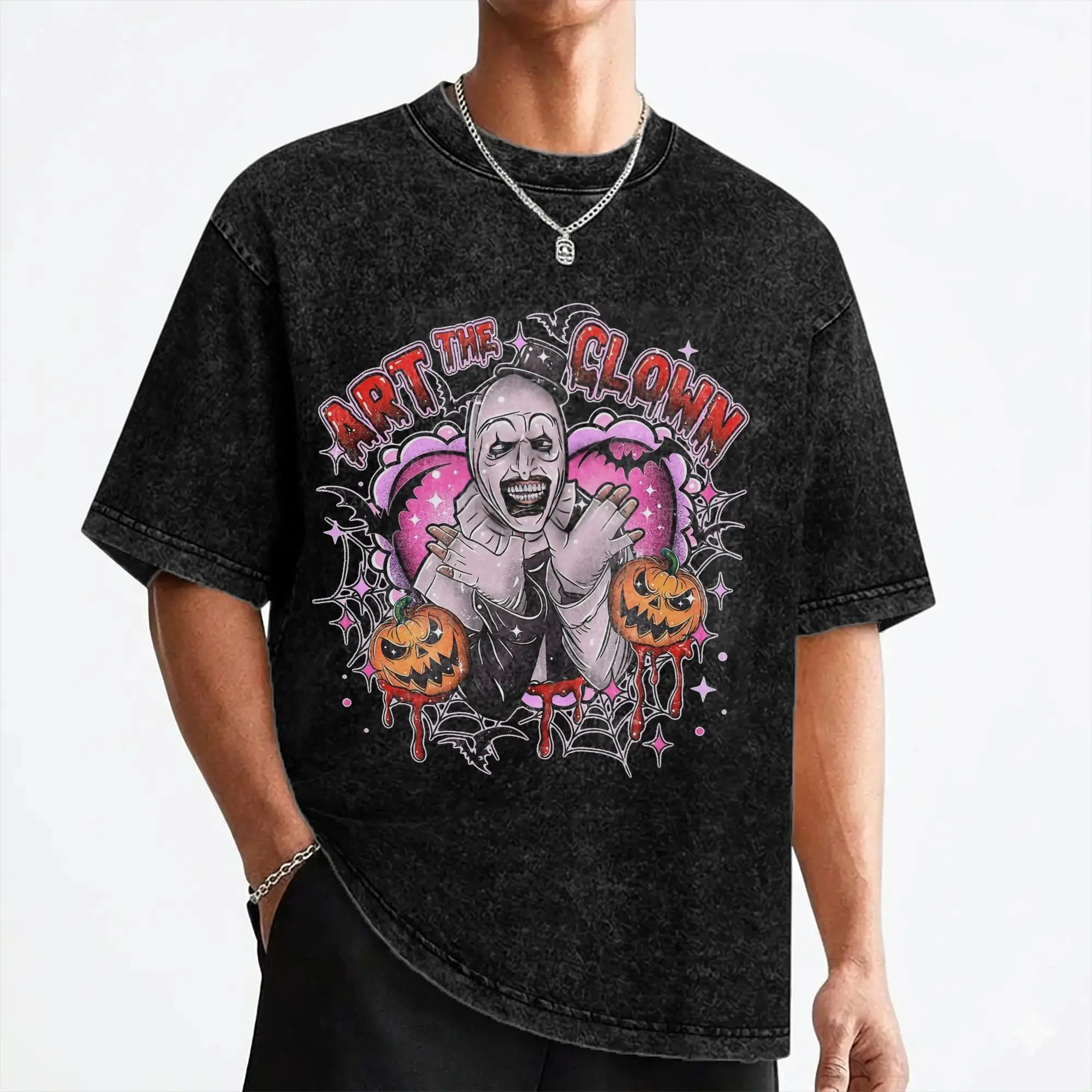 Terrifier Halloween Art The Clown Pumpkin T Shirt Washed Short Sleeve Street T-Shirts for Men Women Streetwear Printed Tops Tees