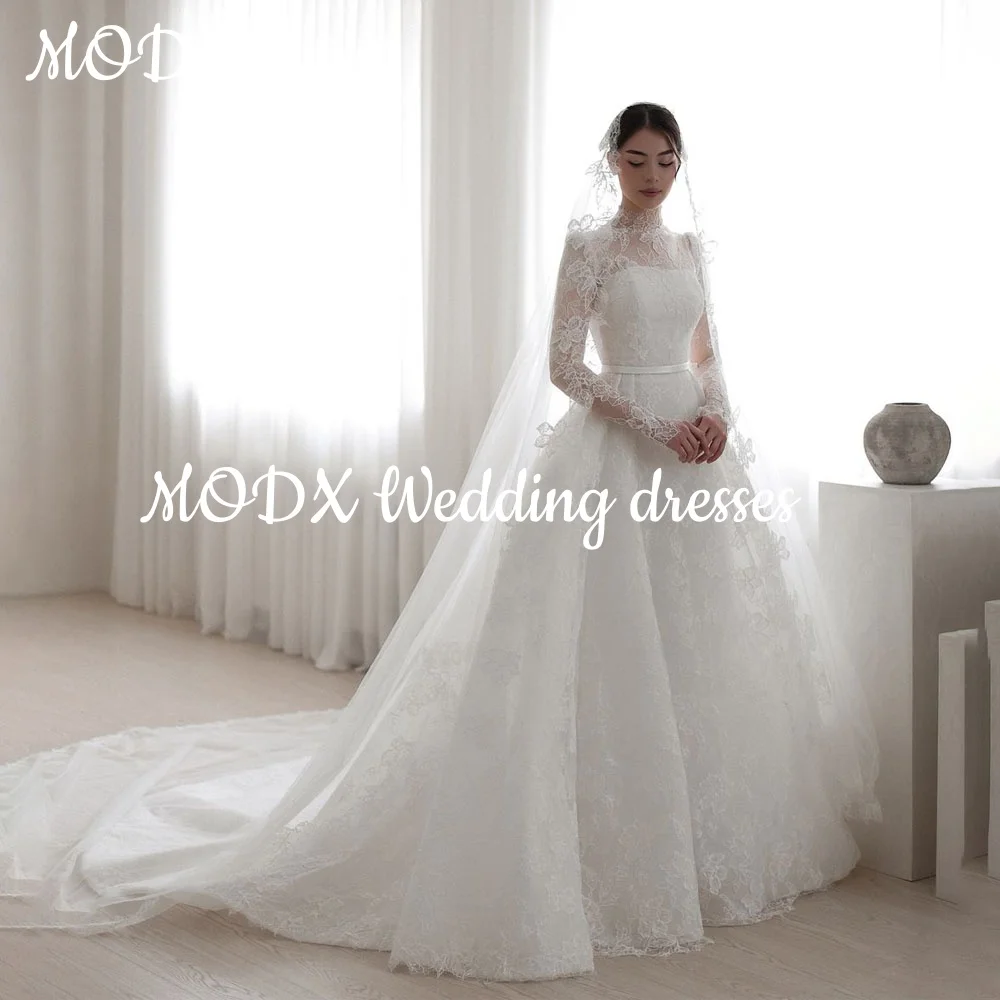 MODX Exquisite Weiße Spitze Prinzessin Hochzeit Kleid High Neck Floral Applique Sweep Zug Brautkleider vestidos de novia Angepasst