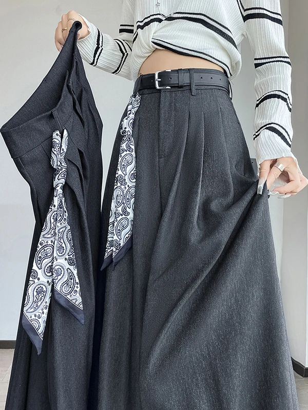 

Женские брюки с высокой талией, широкими штанинами и драпировкой, повседневные, из шелковой ткани, с поясом-платком, весна-осень, новая модель, в пол