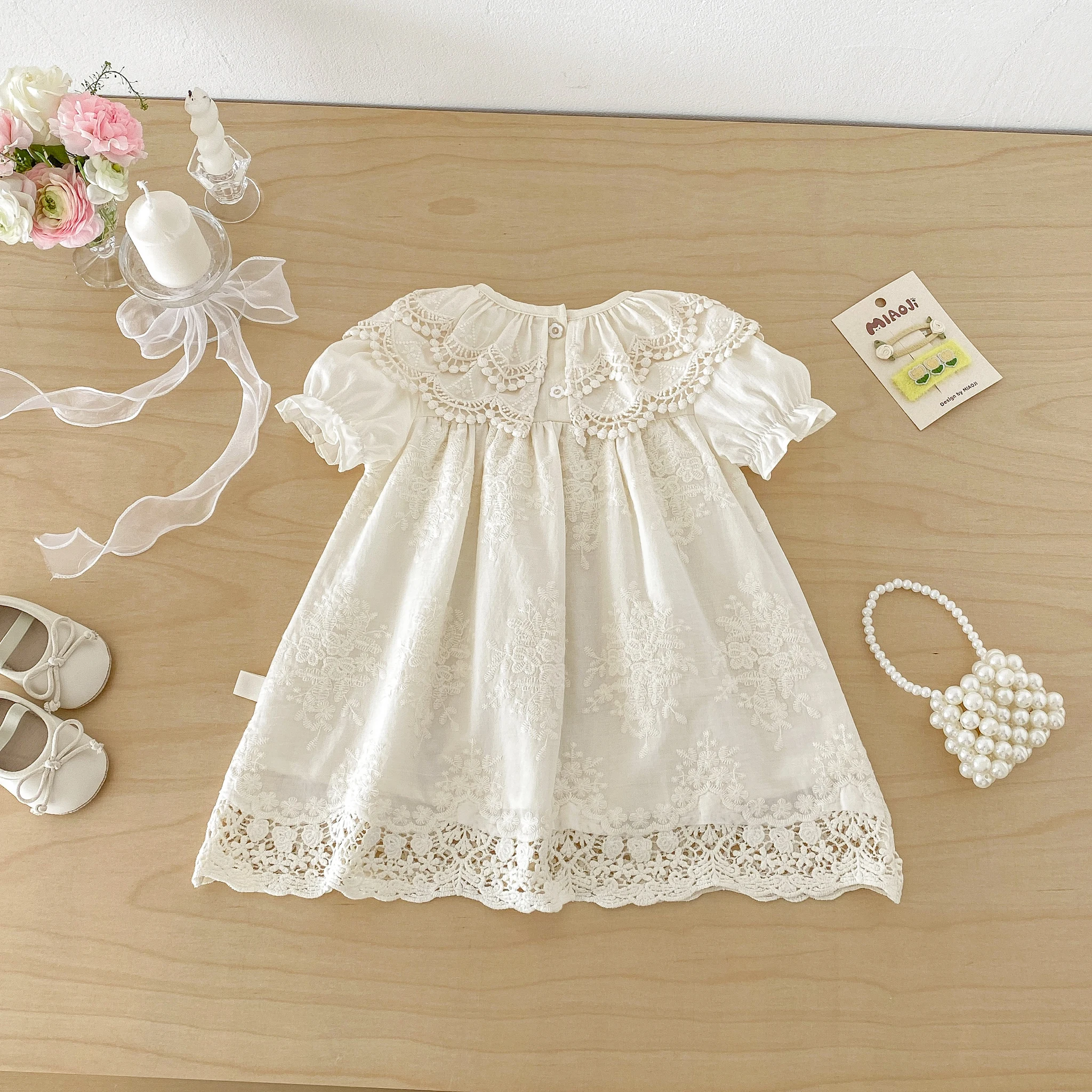 Summer New Style Korean Lace Trim Collar Baby Girl Short Sleeve Dress Princess Dress Thin Style