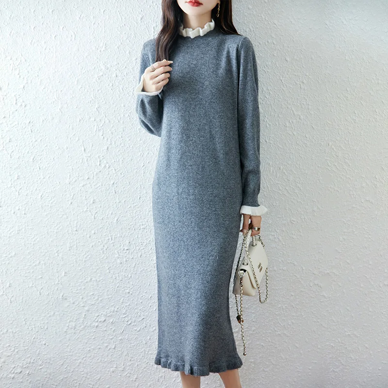 

Fall/Winter 2025 Long 100% Pure Wool Knitted Dress Women's Round Neck Twisted Thickened Cashmere Sweater Skirt
