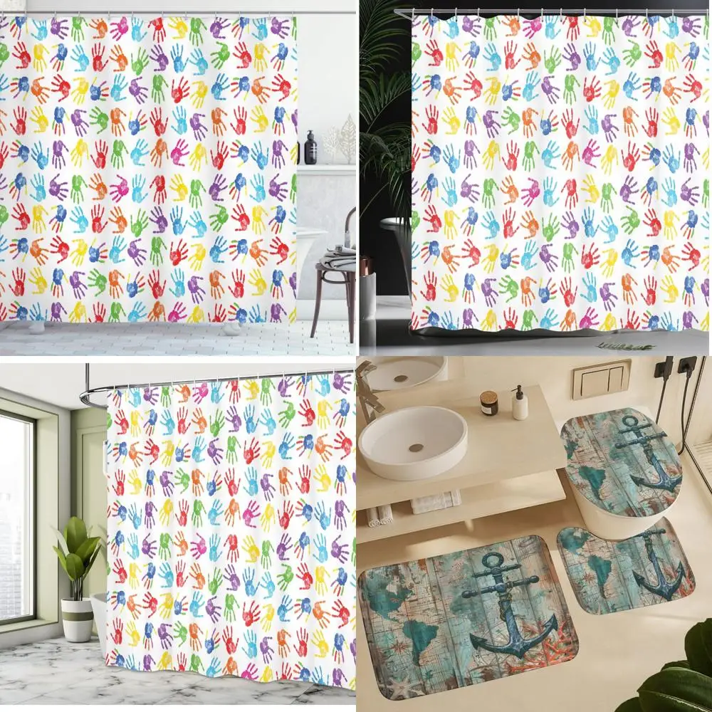 

Красочная акварельная занавеска для душа с отпечатками руки, графический принт с открытыми ладонями на тканевой занавеске для ванны