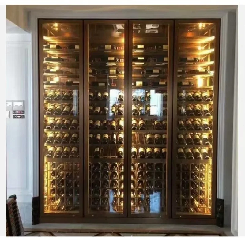 Fashion High-end Modern Stainless Steel Commercial Floor-to-Ceiling Wine Display Rack Home Furniture Glass Display Wine Cabinet