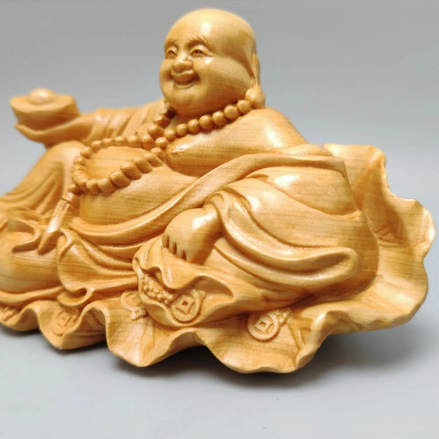 Cliff Cypress Lotus Leaf Maitreya Buddha Ornament Woodcarving Crafts Chinese style Home Decoration Office accessories Statue