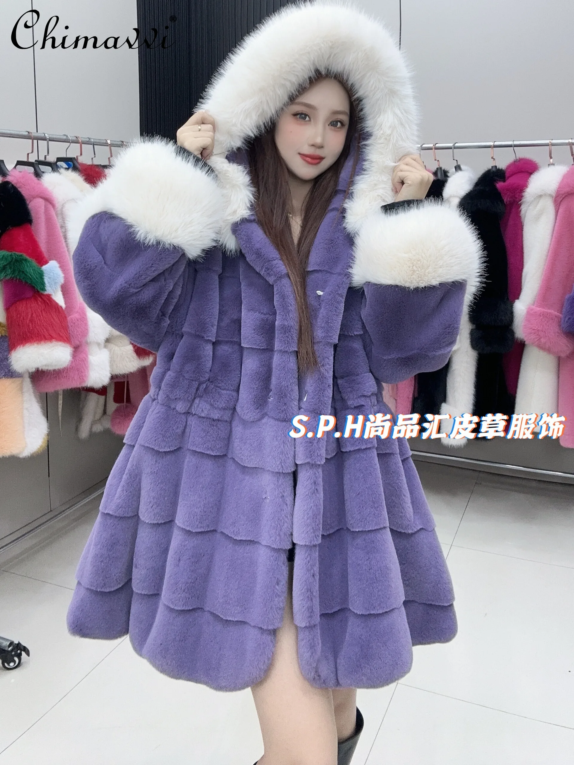 Original Princess Mid-Length Plush Coat 2024 Winter Clothes New Girly Style Long Sleeve Slim-Fit Elegant Hooded Fur Jackets