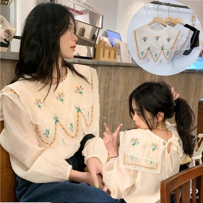 DIY Collar falso desmontable borde ondulado Collar falso cuello bordado encaje hasta escote bordado Floral muñeca solapa chal