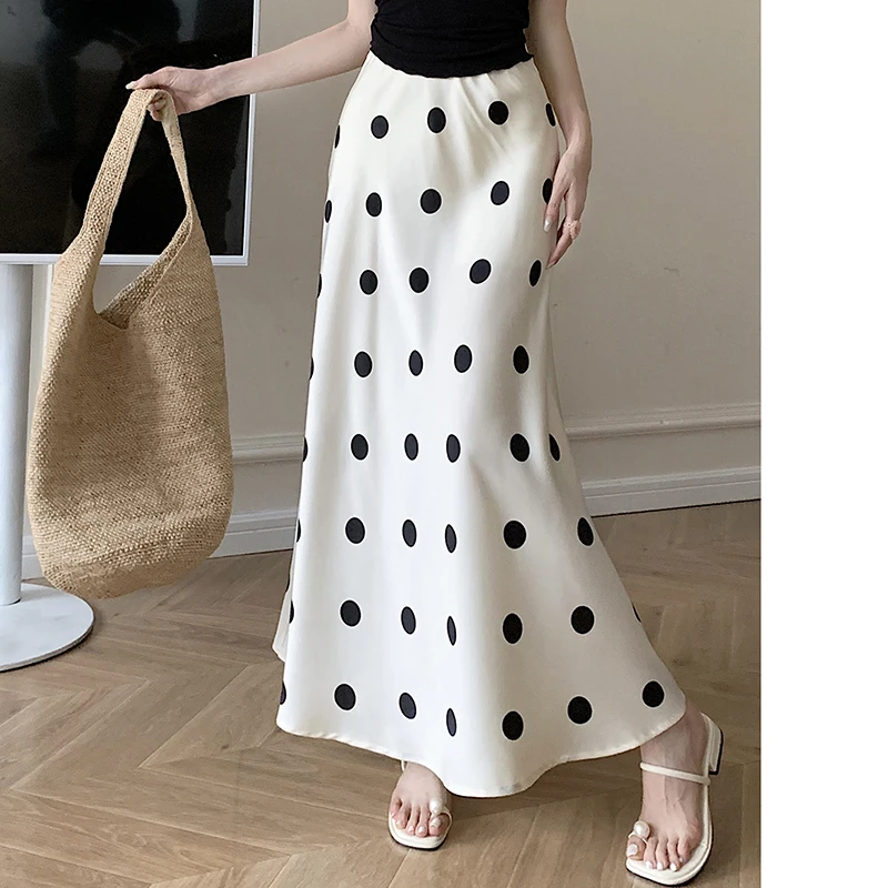 Zwarte Polka Dot Rokken Vrouwen Zomer Satijnen Rokken Hoge Taille Elegante Zeemeermin Rokken Koreaanse Mode Lange Fishtail Rok 2024 Nieuw