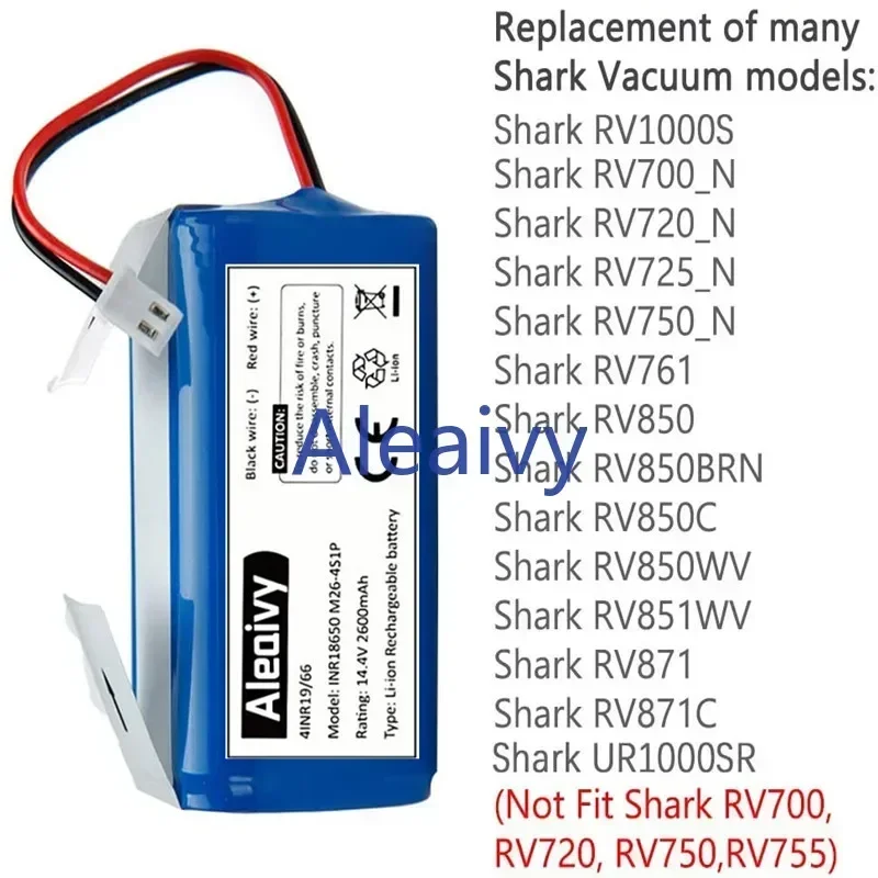 Aleaivy 14.4v 2600mAh wymienna bateria Shark RVBAT850 do odkurzaczy robotów Shark Ion R75, R85, RV850, S87, RV751, RV761,