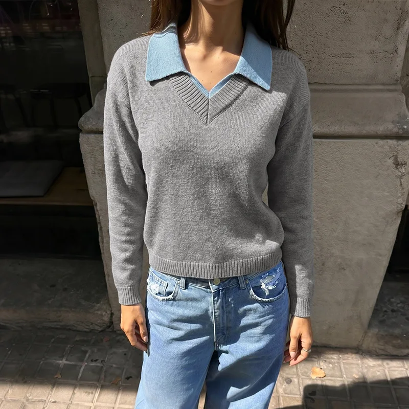 Women Knitted Pullovers Sweaters Color Blocked Jumpers Fake Two Pieces Turn Down Collar Long Sleeve Loose Fit 2026 Autumn Winter