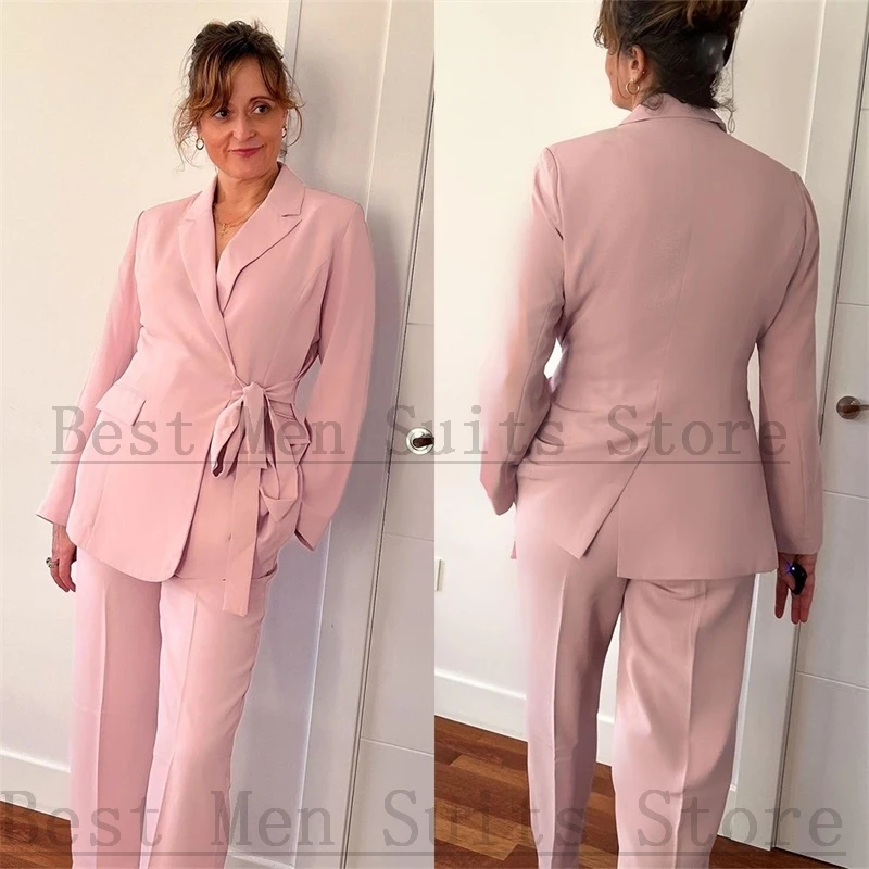 Pink Women Pants Suits Set 2 Pcs Cotton Blazer Lace Up Mother Of Guest Bride Wedding Tuxedo Custom Made Prom Dress Costumes