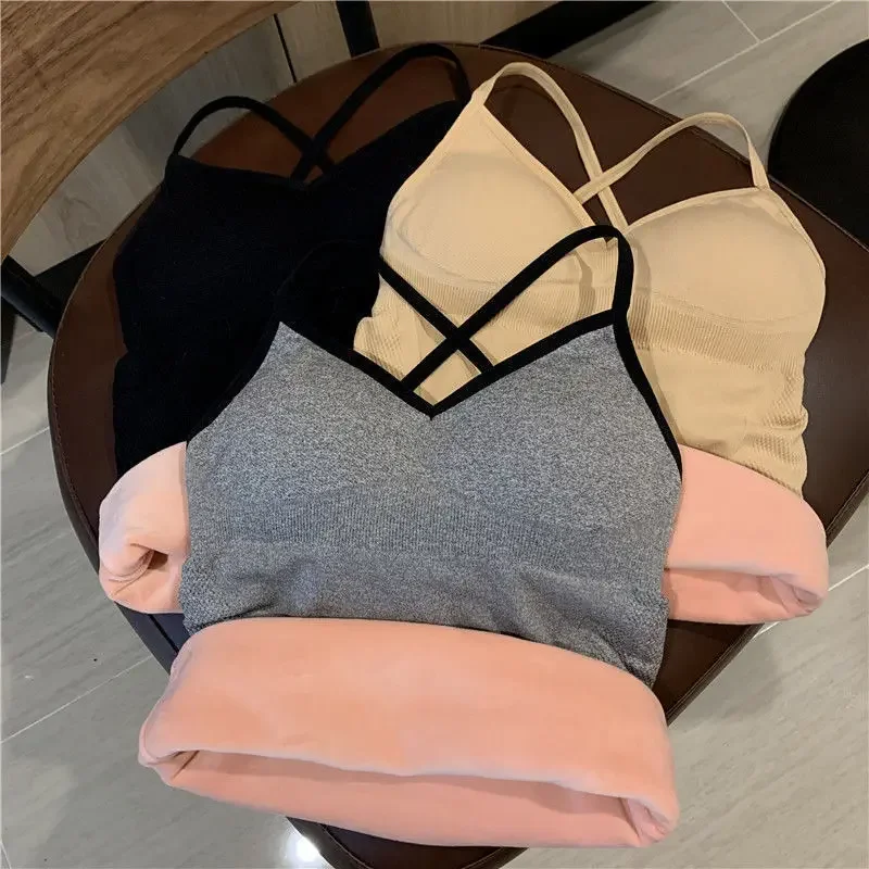 Thermal Underwear Velvet Vest Winter Women’s Simple Solid with Chest Pad Camisole Slim Warm Sling Vest Female