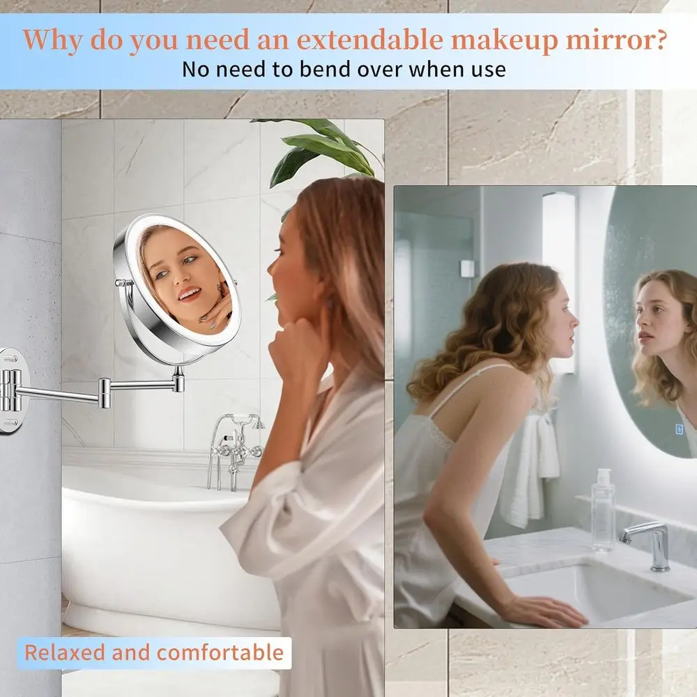 10 Dual-Sided LED Lighted Makeup Mirror, 4500mAh Rechargeable, 3 Color Modes, Touch-Dimmable, Extendable Arm, Chrome Finish