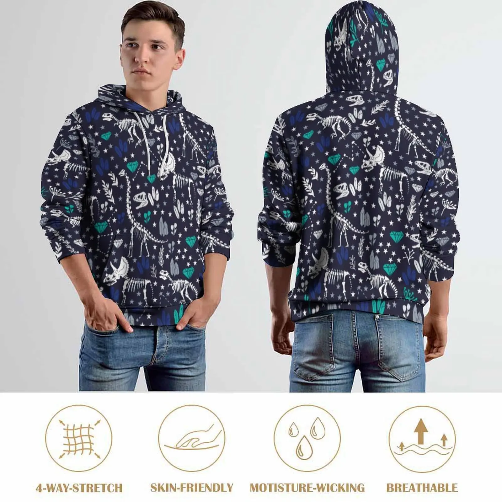 Süße Dinosaurier Hoodies Blaue Dinosaurier Skelette Liebhaber Hip Hop Hoodie Paar Langarm Modernes Design Lässige Kapuzenpullover