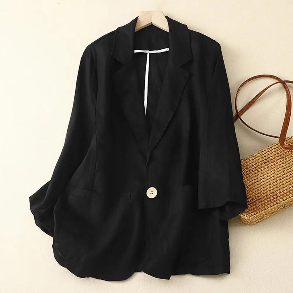 Summer Thin Suit Coat Lapel 3/4 Sleeve Single Button Women Suit Jacket Solid Color Pockets Design Sunscreen Thin Suit Coat