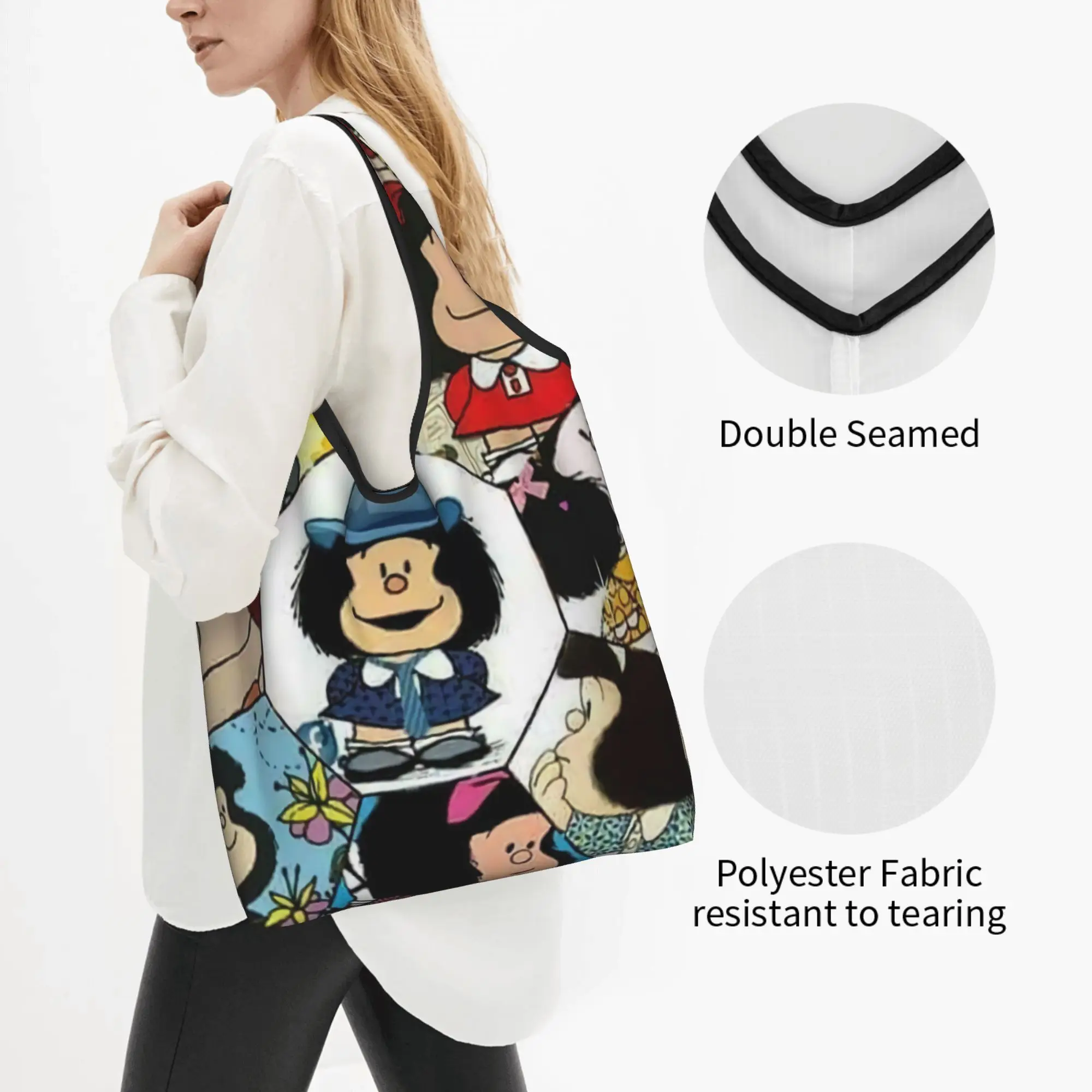 Kawaii Printing Mafalda Collage Tote Shopping Bag Portable Shopper Shoulder Cartoon Manga Quino Comic Handbag