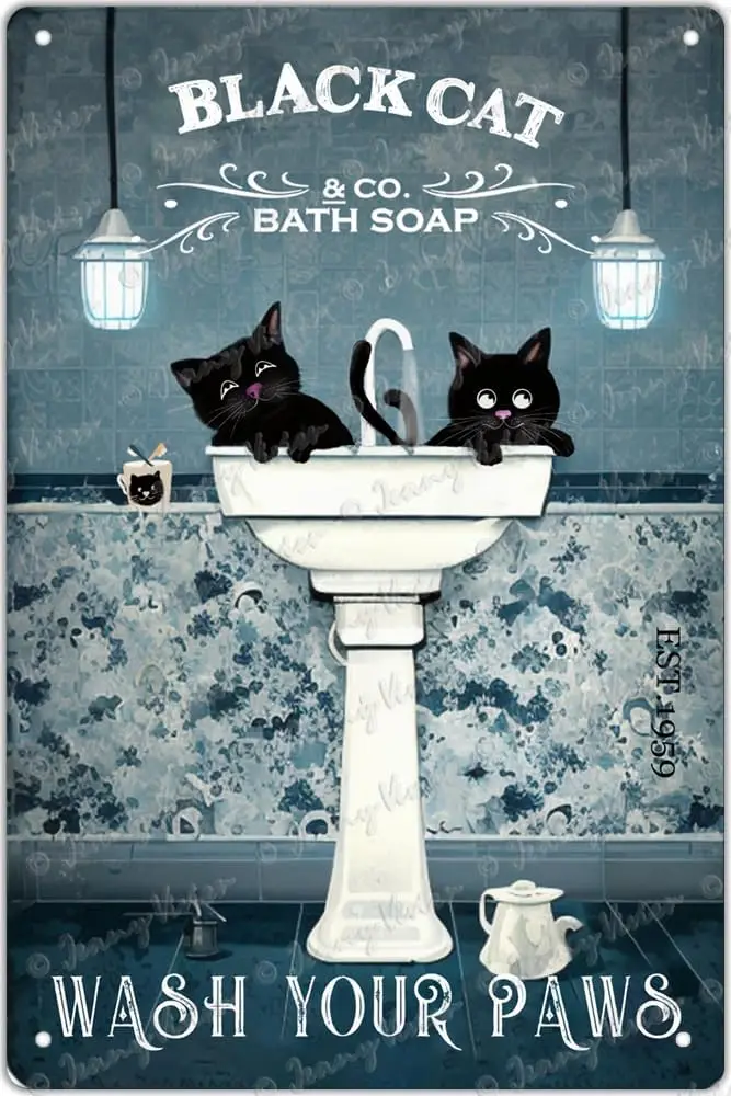 Zomyto Funny Bathroom Tin Sign, Black Cat Wash Your Paws, Vintage Aluminum Sign for Home Toilet Restaurant Kitchen Bar Coff sign