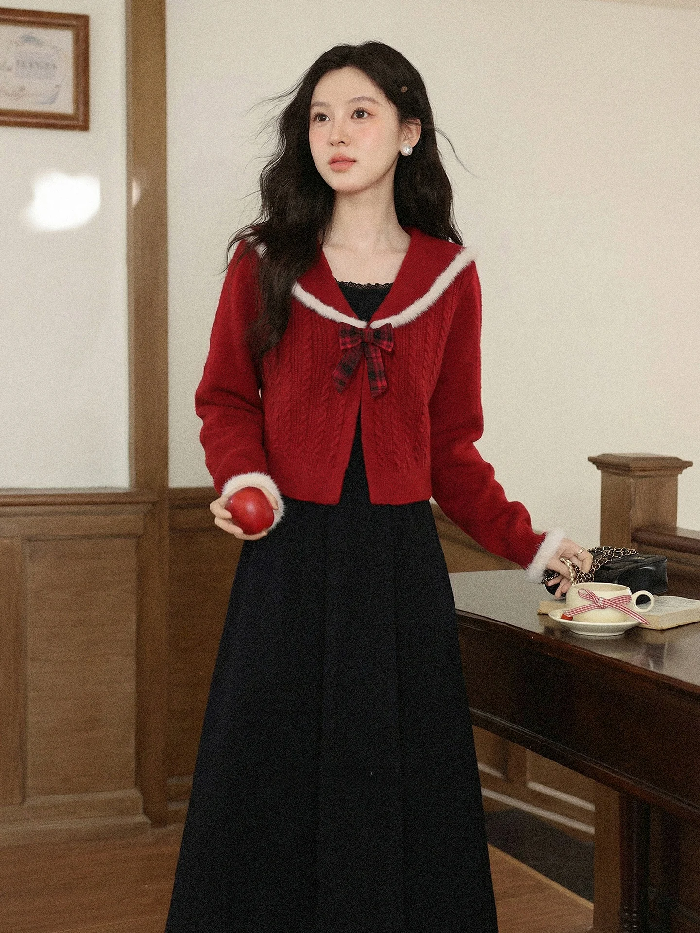 

Christmas Atmosphere Red Design Women's Winter Versatile Dress Sweater Set Deer South Fog Christmas Style Casual High Waist