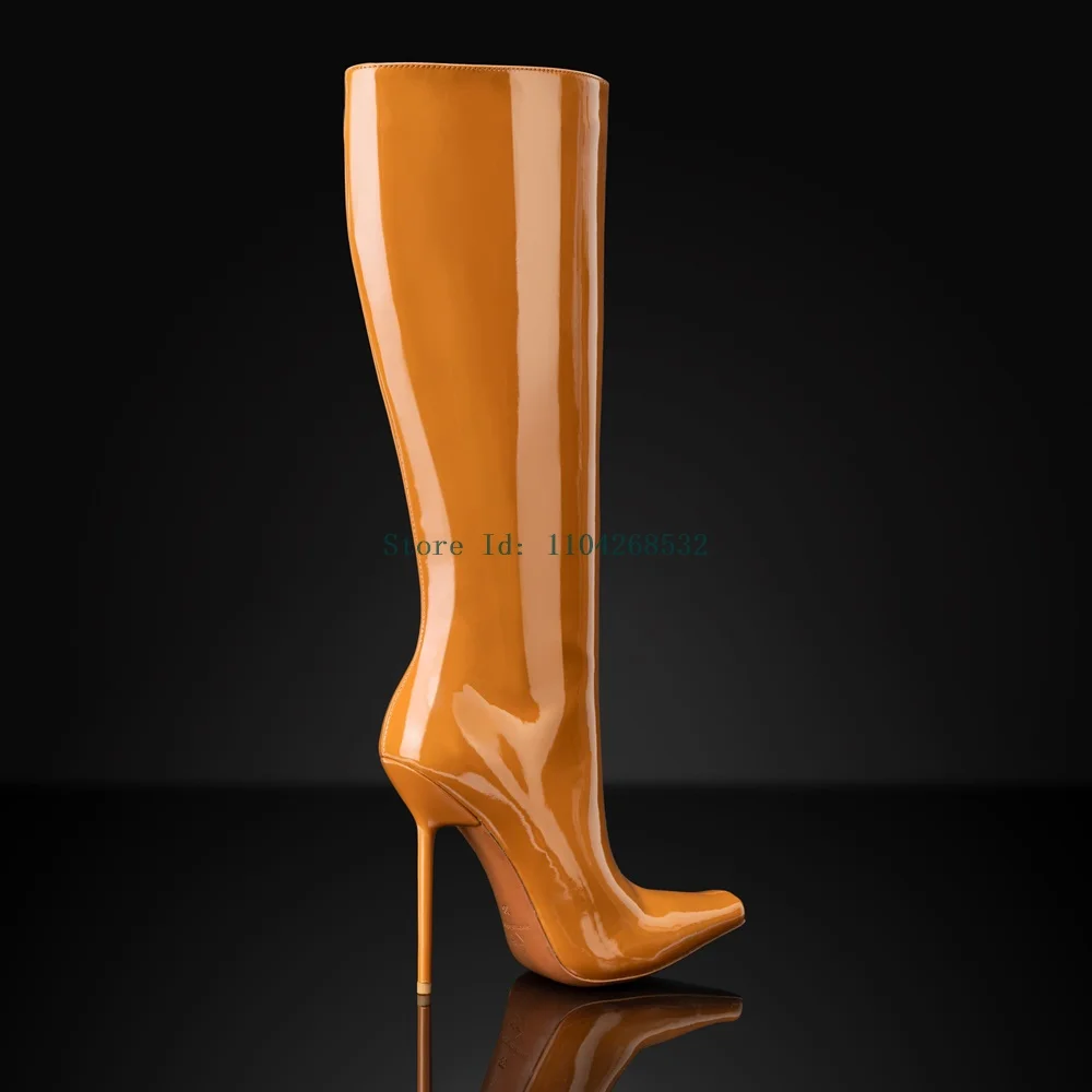 Botas hasta la rodilla de cuero metálico naranja, botas sexis con punta estrecha y tacón de aguja, brillantes con láser, nuevas llegadas, botas modernas de moda