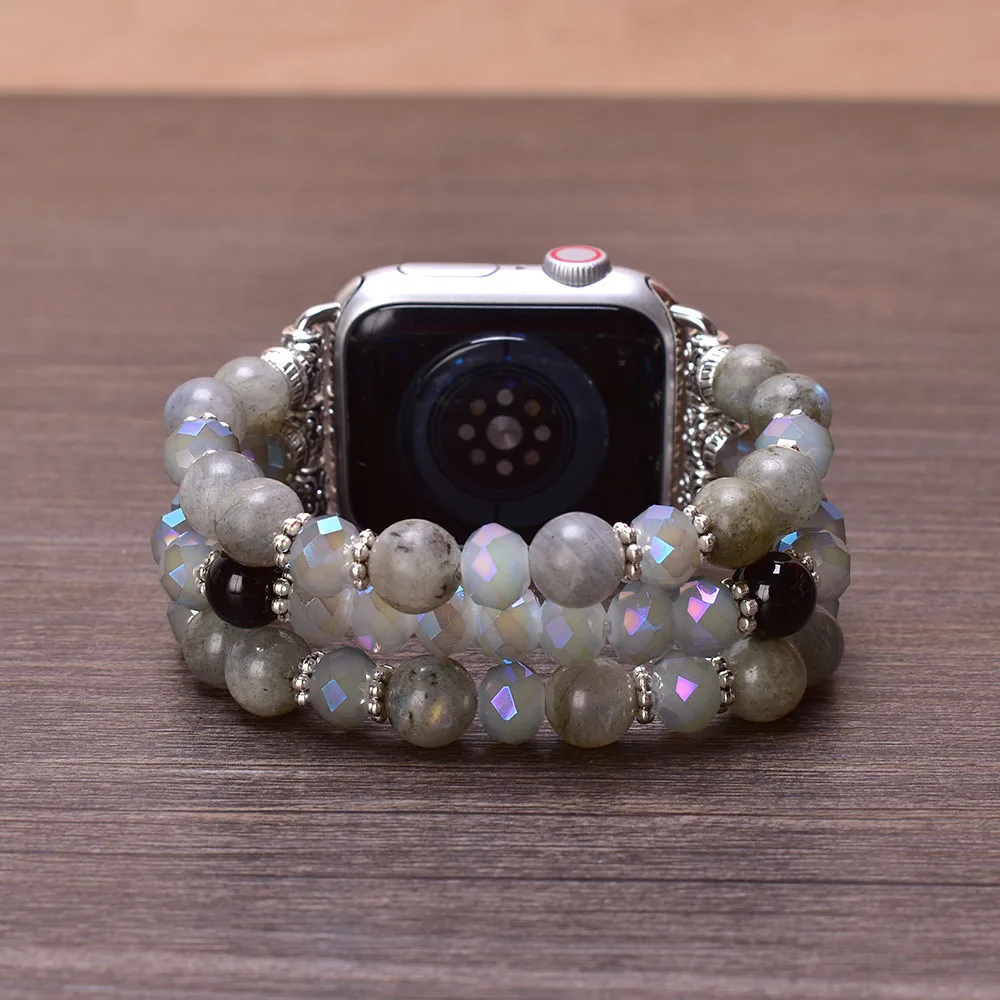 Labradorite Crystal Apple Watch Band 38mm 40mm 41mm 42mm 44mm 45mm Stone Beaded Bracelet Strap for Women Iwatch Series 1-SE