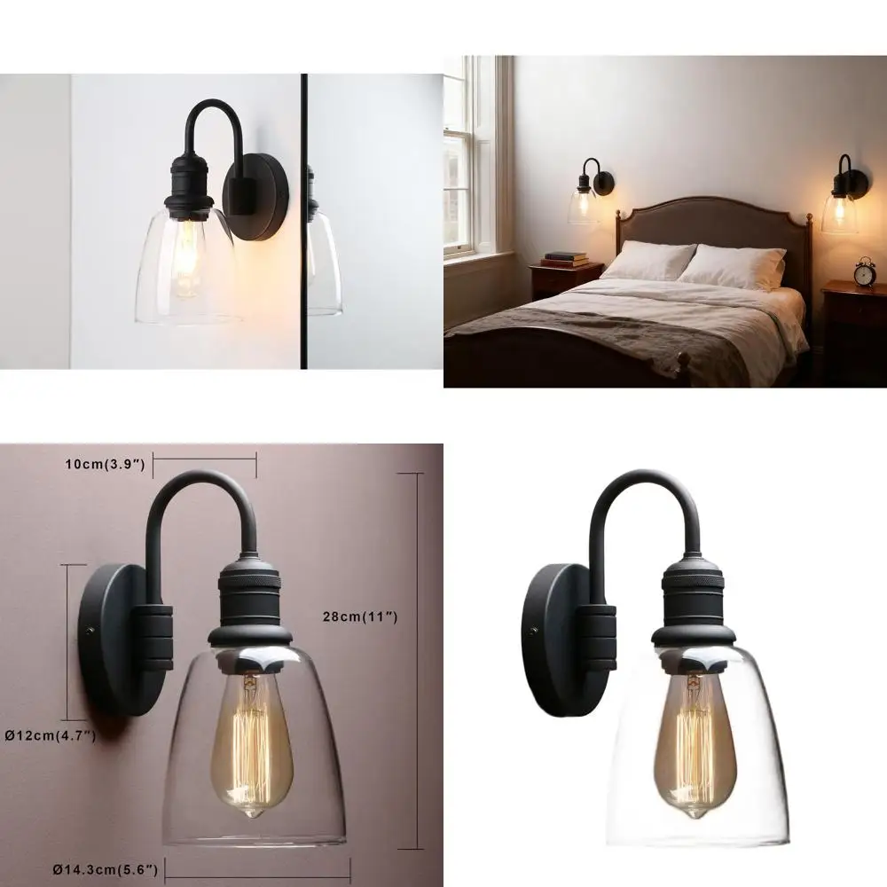 

Vintage Gooseneck Wall Sconce, Black Industrial Style with Clear Glass Shade, Suitable for Indoor Spaces like Bathroom, Kitchen,