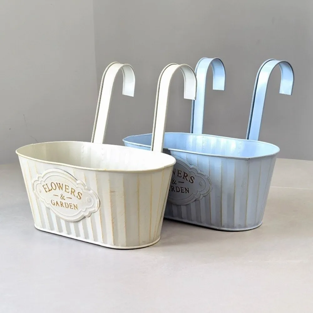 

Iron Over Fence Hanging Pots Drain Holes Detachable Hook Metal Flower Pot Dual Hooks Oval Shape Railing Planter Window
