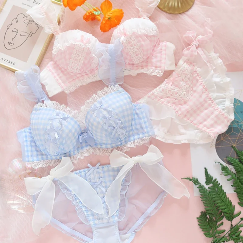 Sweet Sexy Girl Spring Summer Underwear Set Japanese Lolita Cute Maid Plaid Lace Bow Push Up Underwire Bra & Panties Set Intima