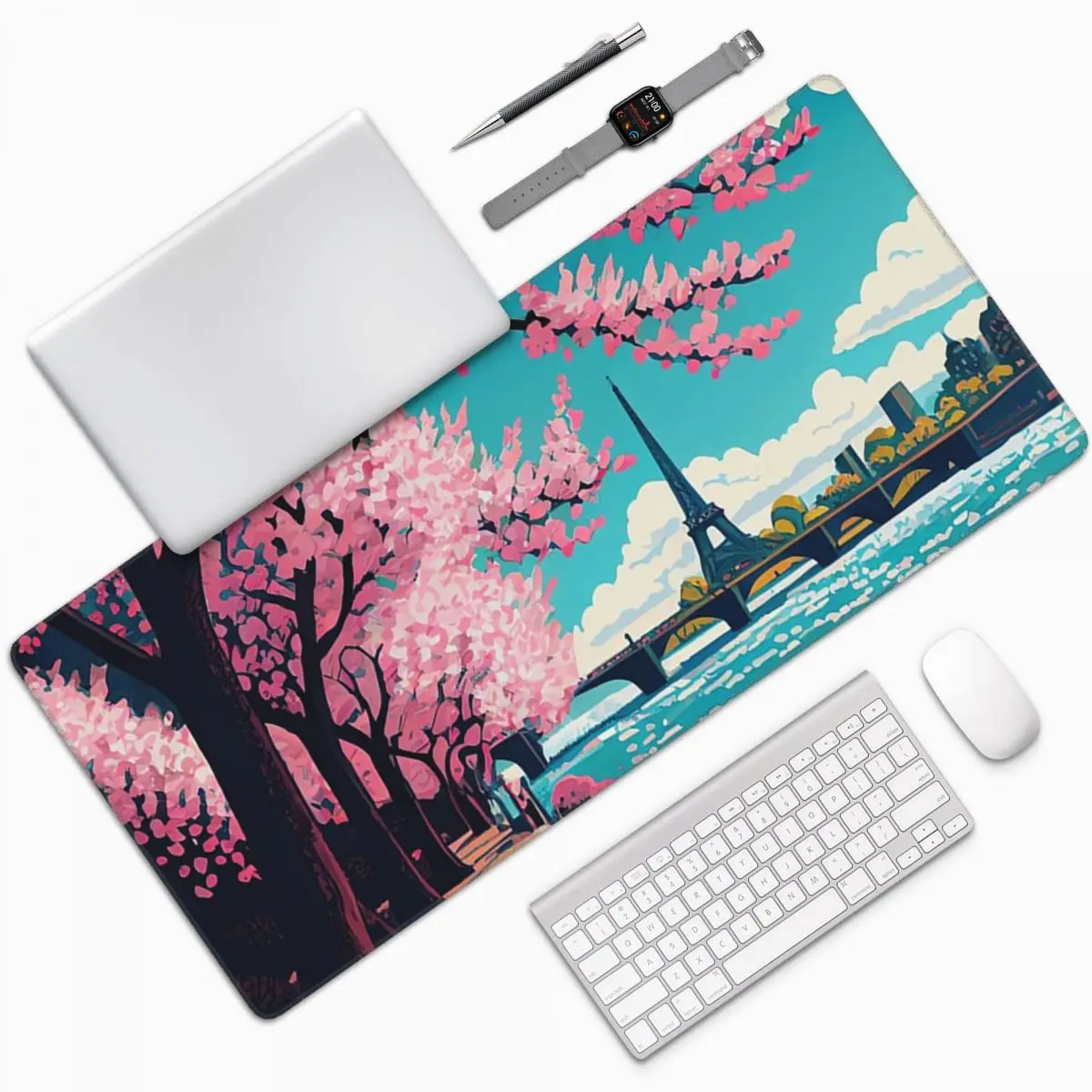 Paris Tower Pink Tree Cherry Blossoms Large Mouse Pad Computer Keyboard Mouse Mat Laptop Desk Mat Office Accessories Table Mats