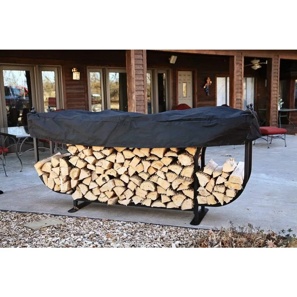 Courtyard Firewood Rack 9ft - Luxury Outdoor Log Holder With Cover - Made In USA - Black UV Stable Powder Coat Finish