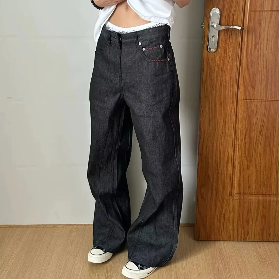 Autumn Men's Embroidered Black Jeans American Casual Fashion Retro High Street Male Simple Straight Leg Loose Denim Pants