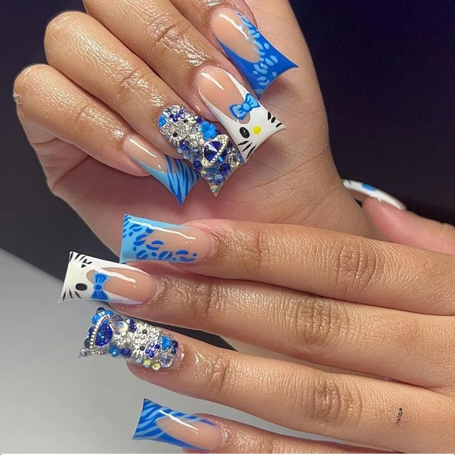

Blue Pr on Nails Гелевые накладные ногти в форме утки Ручная работа Y2K Французские накладные ногти с дизайном котенка с бриллиантами Глянцевые ногти в виде утконоса для