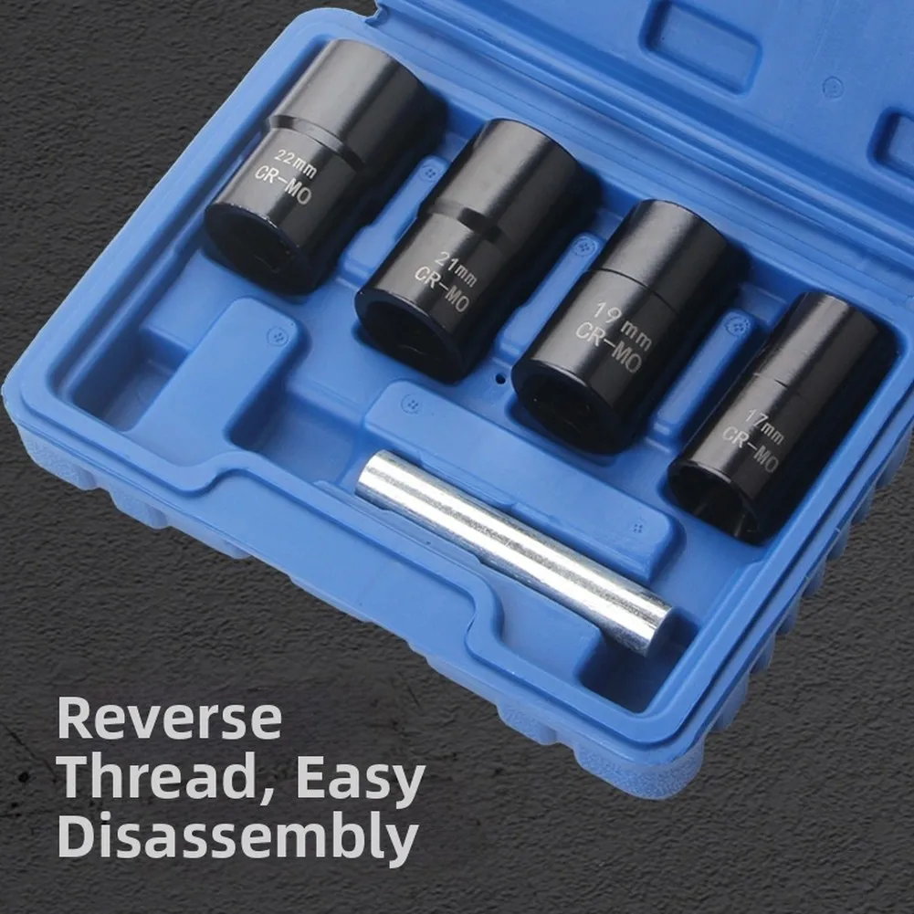 

5-piece Lug Nut Extractor Set Includes Four Metric Sockets (17mm,19mm,21mm,22mm) Designed To Tackle Rounded, Stripped, Swollen,