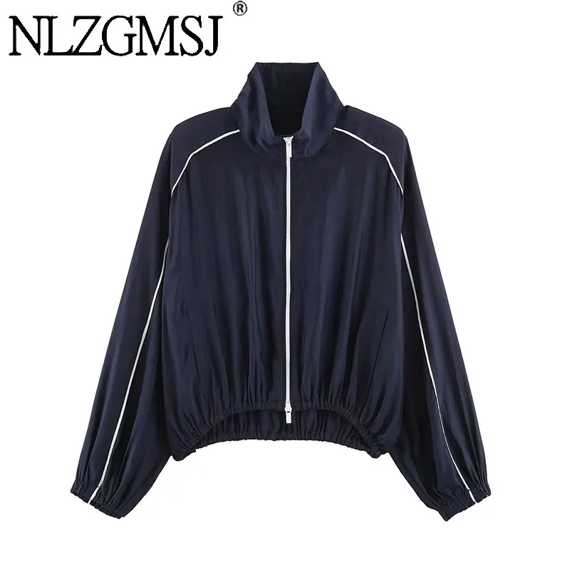 Nlzgmsj 2026 Autumn Women Stand Collar Color Contrast Piping Striped  Jacket Loose Long Sleeve Zip Up  Casual Sporty Outer Coat