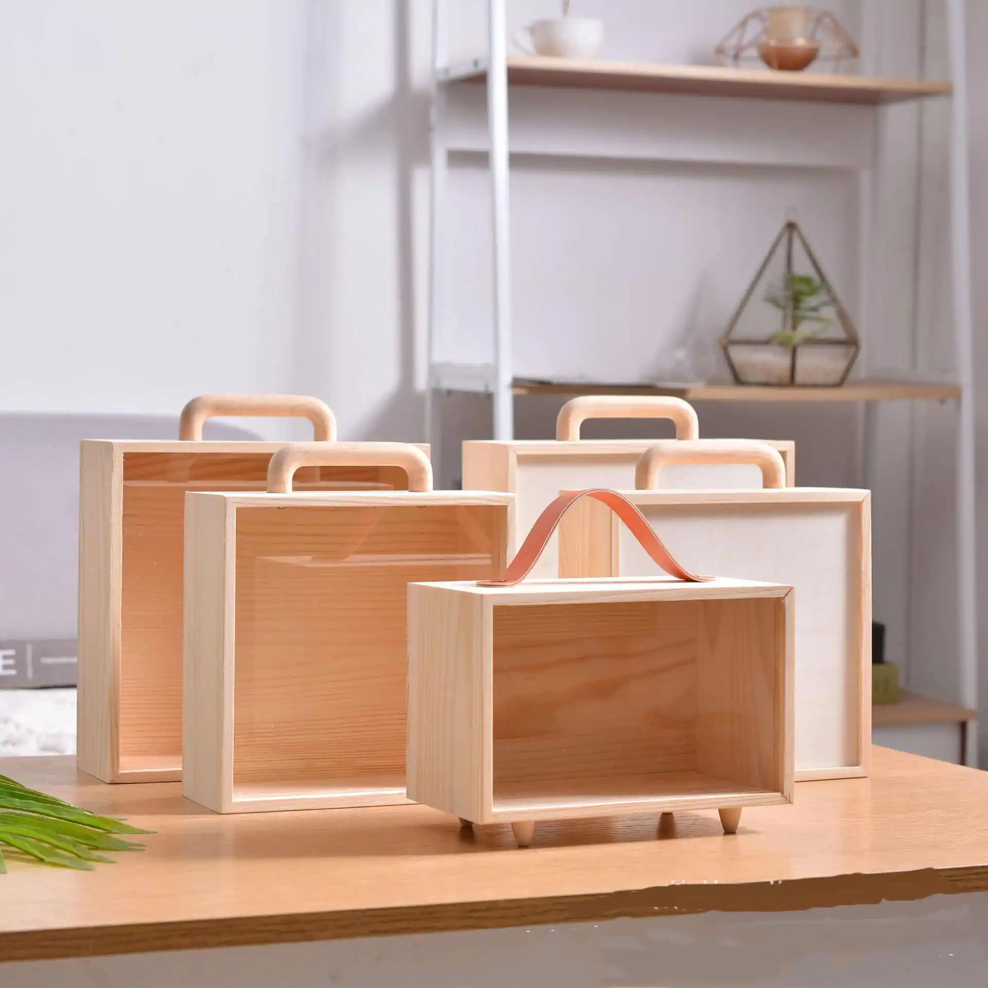 Drewniane przezroczyste pudełko z drewnianym uchwytem, akrylowe pudełko upominkowe DIY, czerwona skórzana walizka, przechowywanie zabawek i gablota