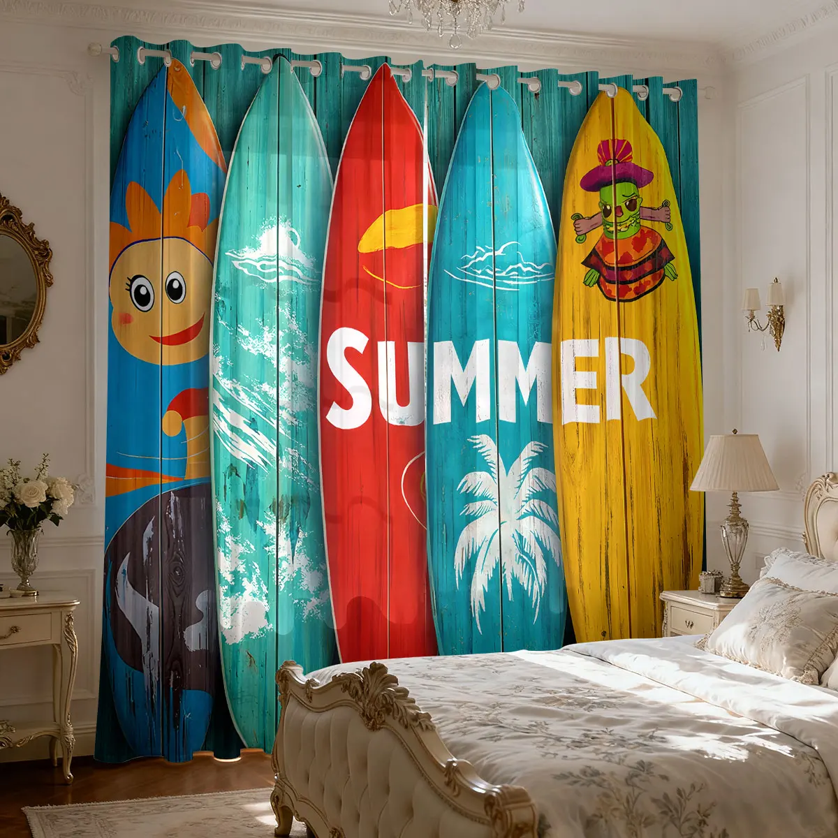 2pcs Color Surfboard, Plant Printed Curtains, 90gsm Bedroom And Living Room Decoration, Multiple Sizes, Easy Installation