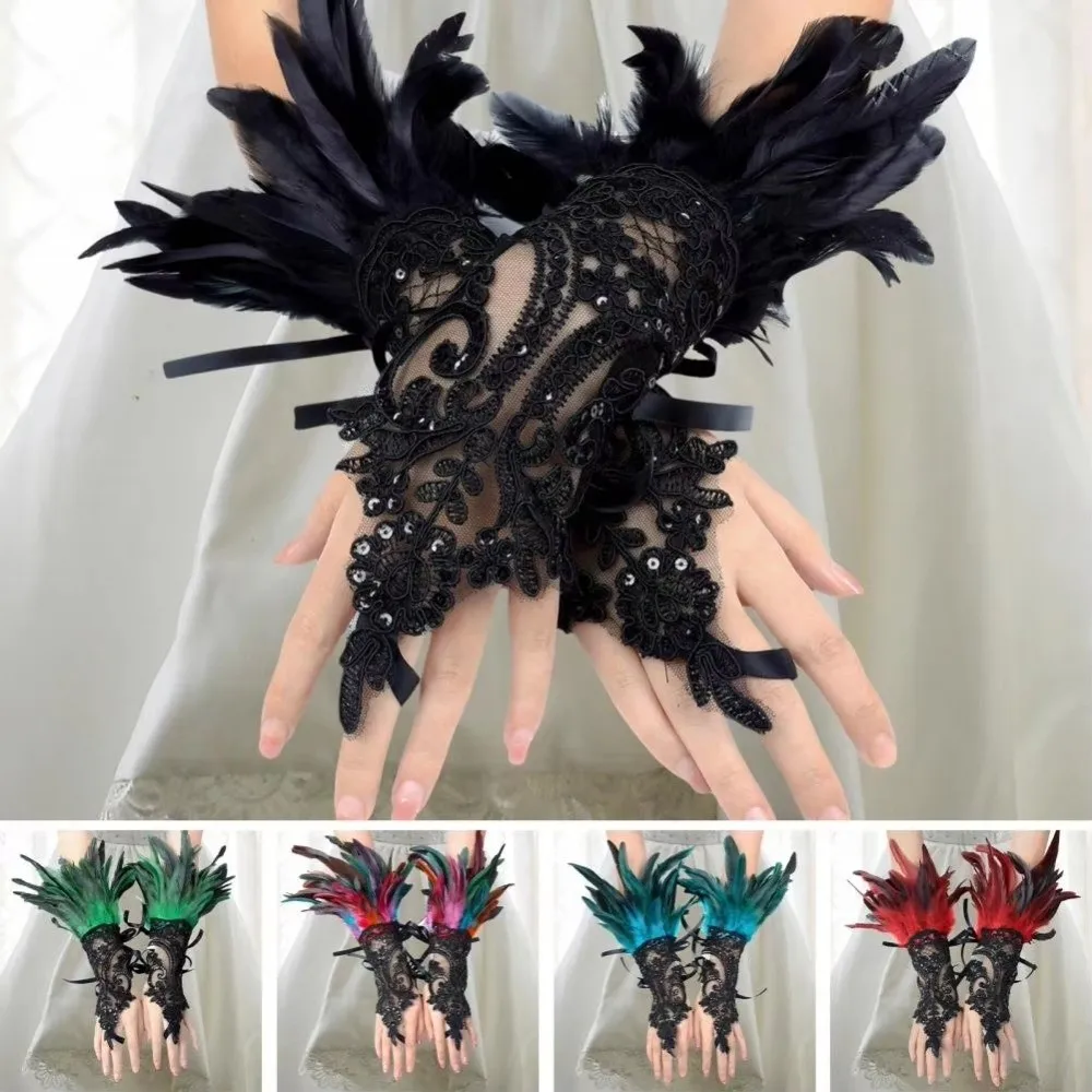 Retro Halloween Feder Handschuhe Gothic Stickerei Pailletten Feder Spitze Handschuhe Manschetten Armband Frauen Halloween Arm Ärmel Ball