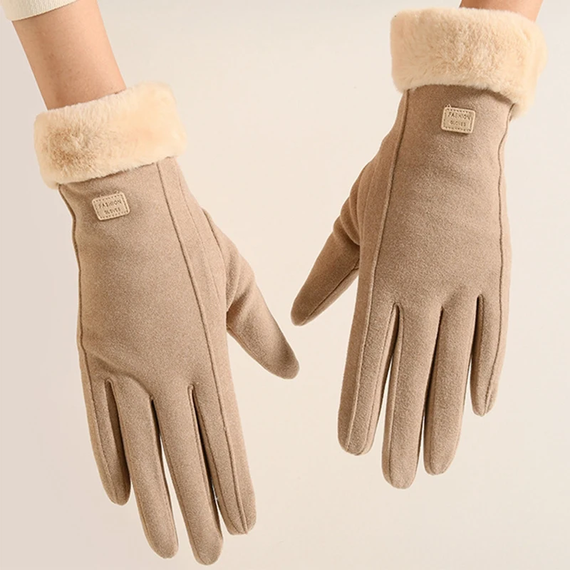 Guantes de felpa gruesos de invierno para mujer, Guantes de gamuza cálidos a la moda para exteriores, Guantes para conducir con pantalla táctil, manoplas deportivas para ciclismo