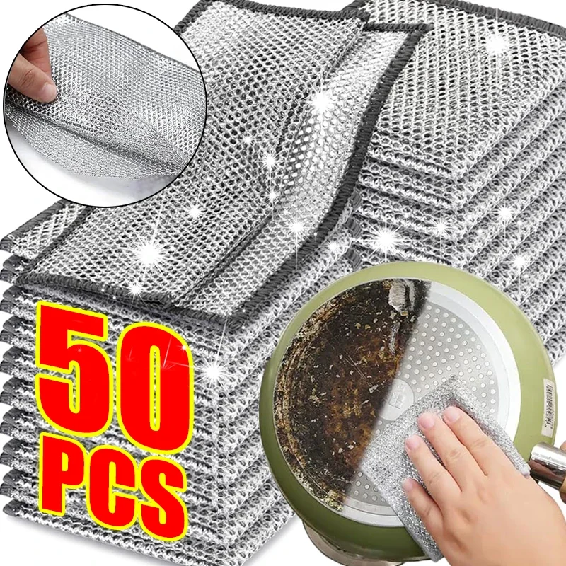 

1/50pcs Magic Steel Wire Cleaning Cloths Double-sided Kitchen Pot Pan Dish Dishcloths Wire Non Stick Oil Dishwashing Rags Cloth