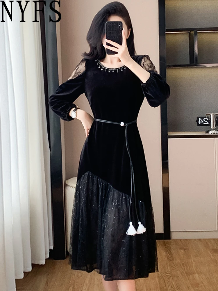 NYFS 2025 Mesy الربط المرأة فستان صيفي فضفاض حجم كبير المخملية كم طويل فستان طويل رداء Elbise