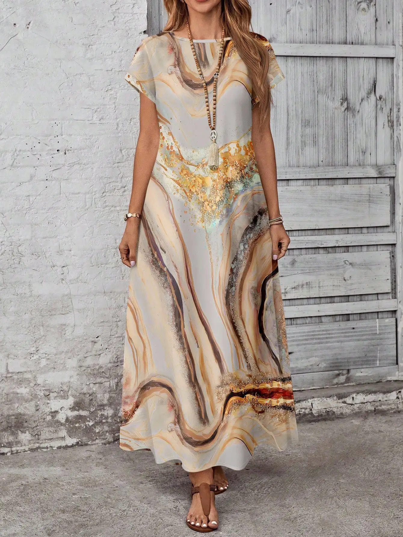 

Elegant Marble Print Maxi Dress For Women Loose Fit Bohemian Style