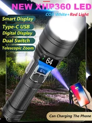 500W XHP360 Super Powerful LED Flashlight Type-C USB Torch COB Camping Zoom Light White&Red Lamp 18650 26650 With Power Display