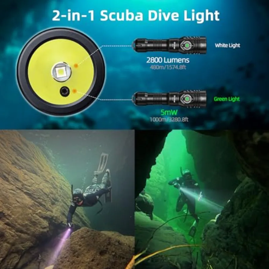 DL03 Dive Light 2800 Lumens Scuba Diving Light 1000M Green Beam and White Combo with Power Indicator Type-C Rechargeable IPX8 W