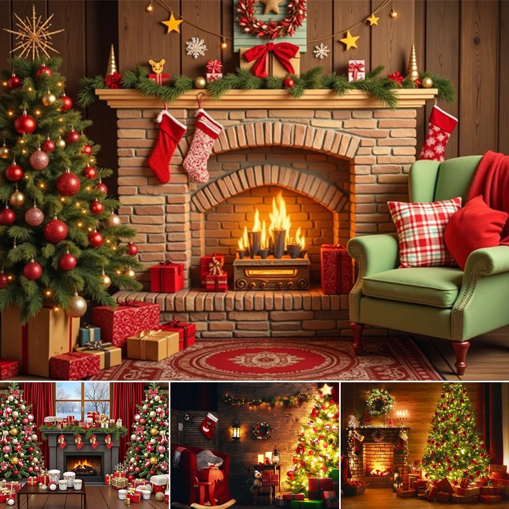 

MOON.QG New Year Christmas Photo Background Fireplace Red Brick Xmas Trees Photography Backdrop Wallpaper Birthday Decoration