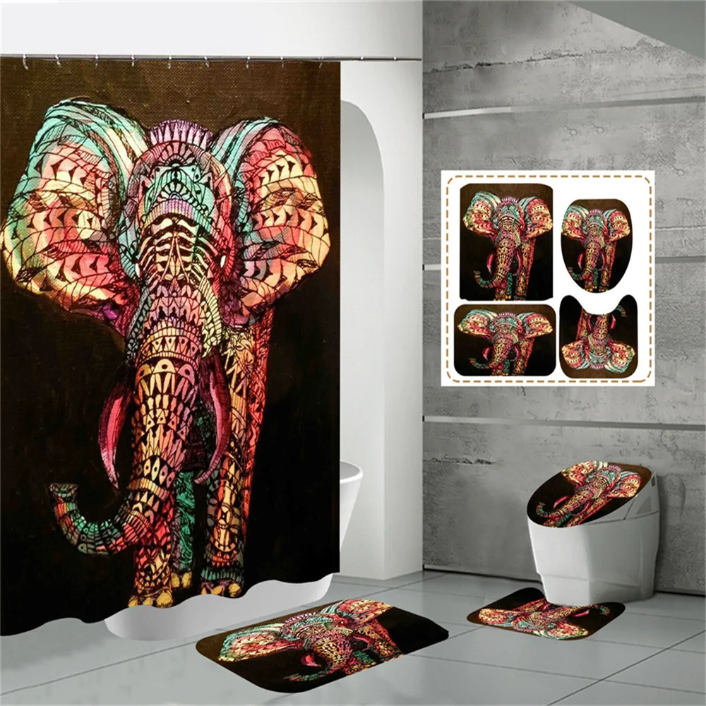 Colorful Elephant Shower Curtain Set with Non-Slip Rug Toilet Cover Bath Mat African Mandala Bath Curtains Waterproof With Hooks