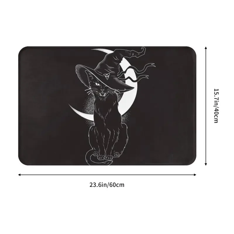 Custom Black Cat With Pointy Witch Hat Doormat Mat Anti-Slip Halloween Night Moon Bathroom Kitchen Toilet Rug Carpet 40*60cm