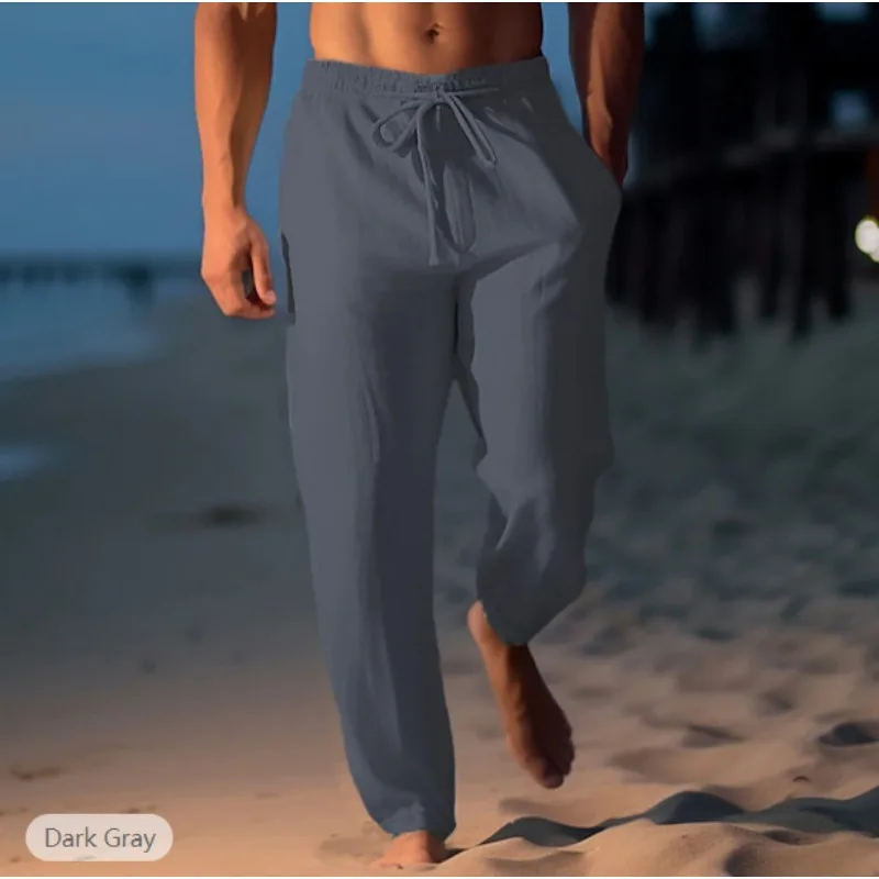 Men's Linen Trousers Summer Pants Beach Pants Drawstring Elastic Waist Straight Flat Comfortable Breathable Casual Daily