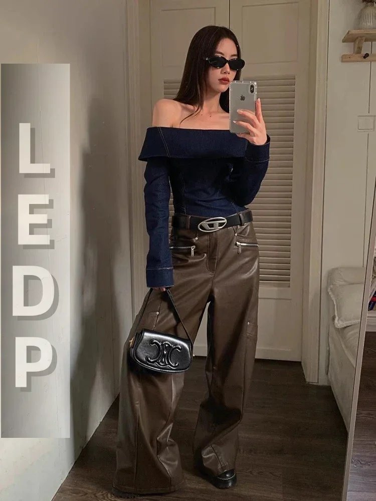 IMU Denim Off Shoulder Blouse Top Women Office Work Casual Plain Blue Long Sleeves T-shirt Western Vintage Female Clothes