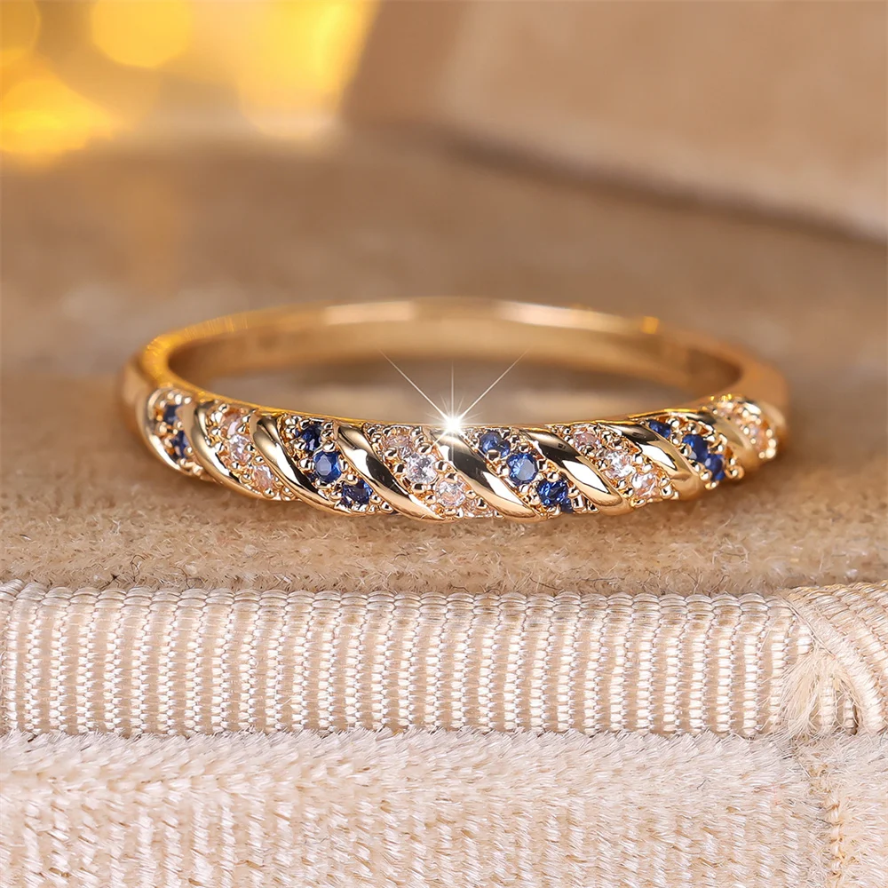 Modische Ringe mit blauem Kristall und weißem Zirkon, runder Stein, gedreht, für Damen, Vintage-Stil, goldfarben, Hochzeitsschmuck, vielseitige Geschenke für die Braut – Detail 3