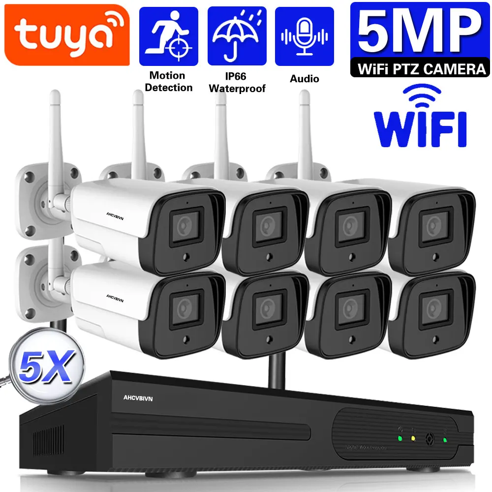 Tuya PTZ Video Surveillance Cameras System With Wireless Wifi NVR Kit 5MP Smart Life Home Outdoor CCTV Security Camera Set